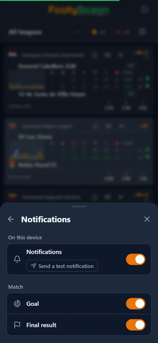 FootyScann notification settings with goal and full-time alerts