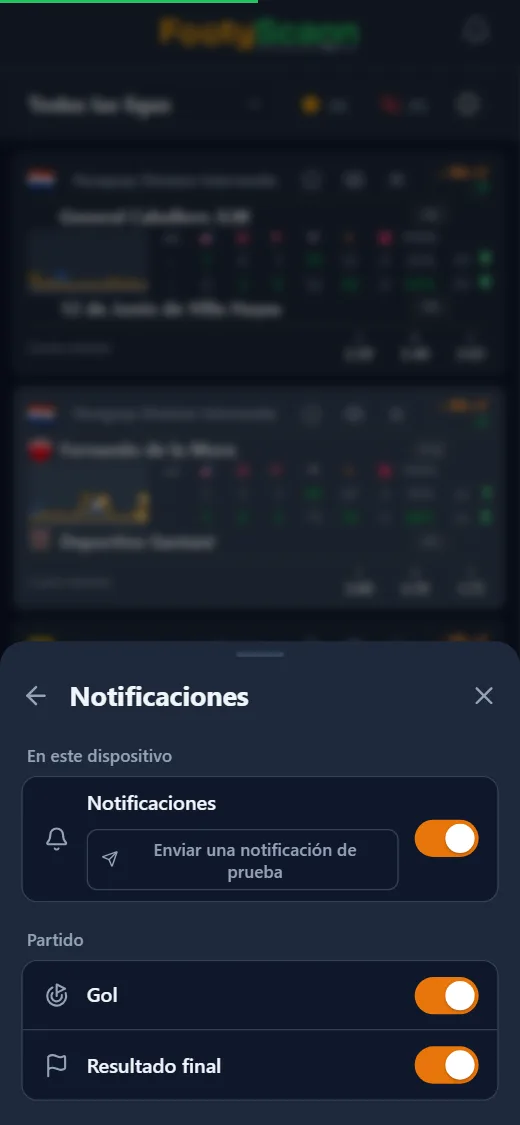 Ajustes de notificaciones de FootyScann con las alertas de gol y de resultado final