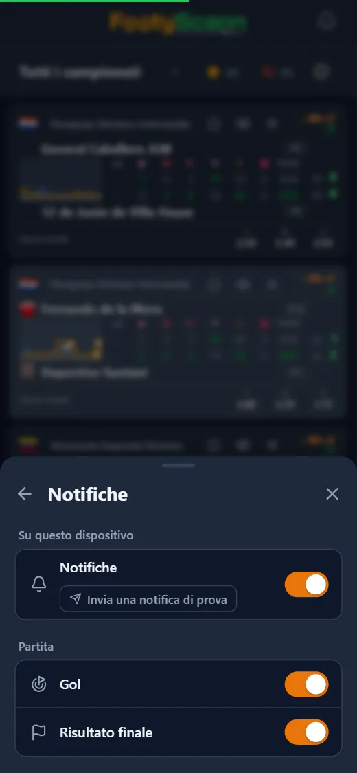 Impostazioni delle notifiche di FootyScann con gli avvisi gol e di risultato finale