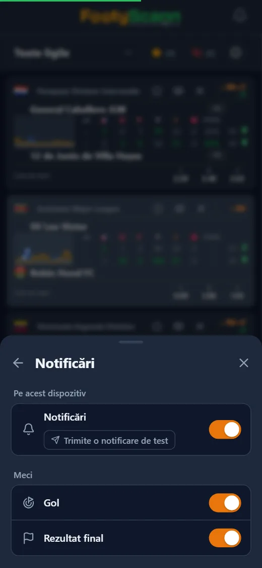 Setările de notificări din FootyScann, cu alertele de gol și de rezultat final