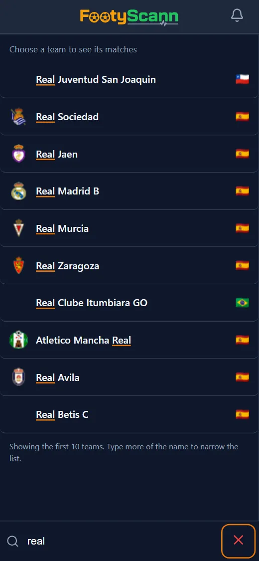 FootyScann search with the list of teams found after a few letters