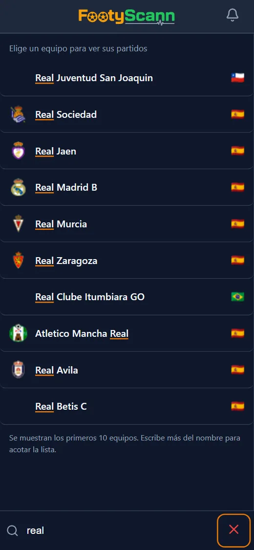 Búsqueda de FootyScann, con la lista de equipos encontrados tras unas letras