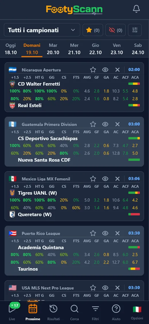 Elenco delle prossime partite